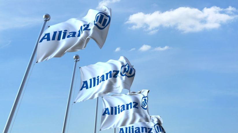Waving flags with Allianz logo against sky, editorial 3D rendering