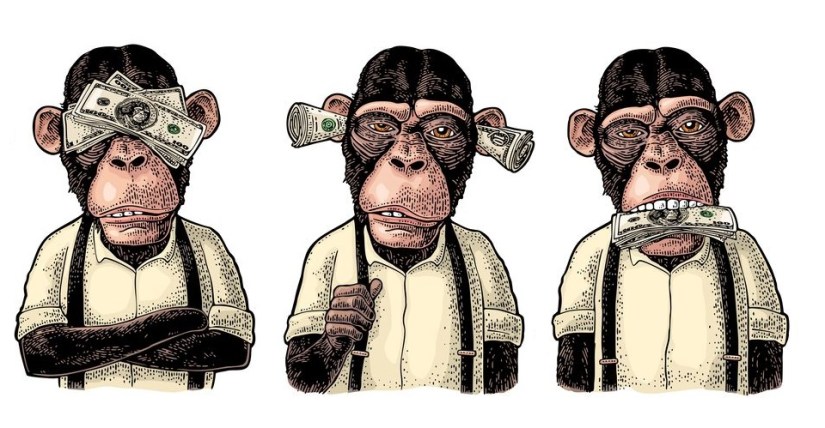 Three wise monkeys. Not see, not hear, not speak. Vintage engraving